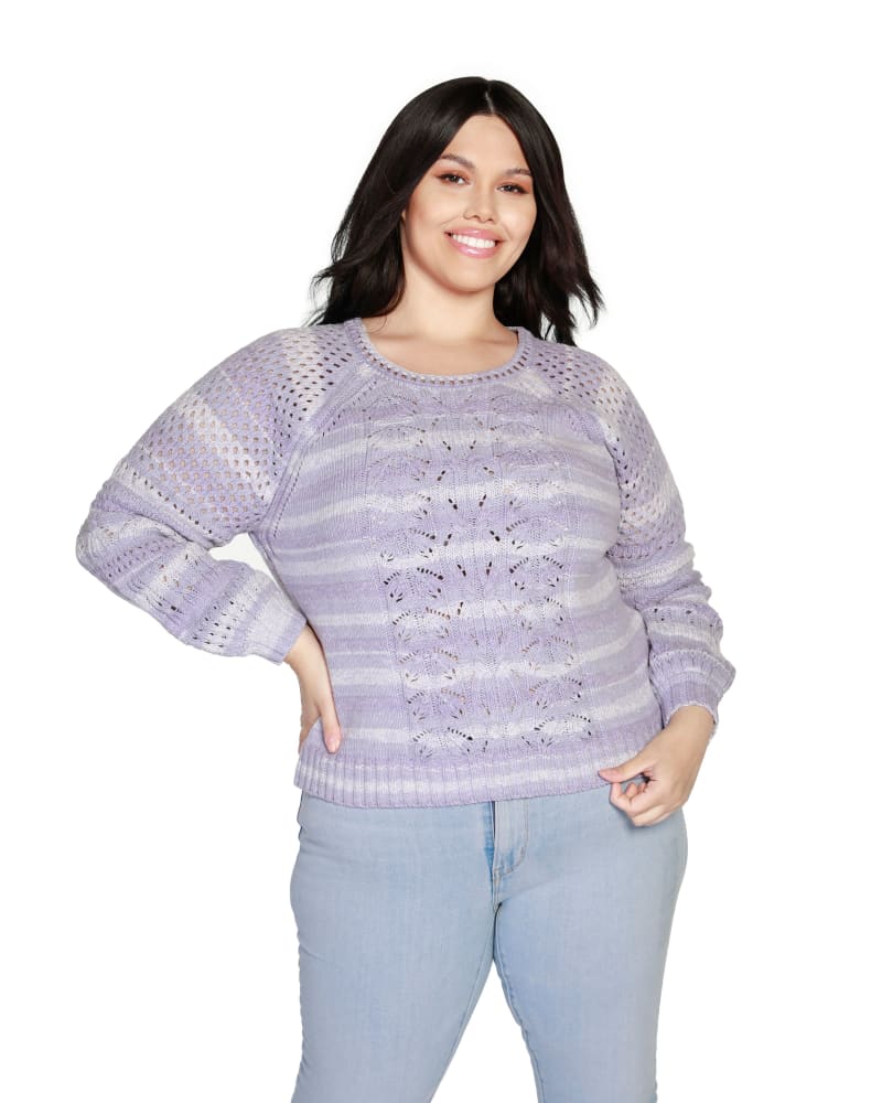 Front of a model wearing a size 1X Plus Size Space Dye Pointelle Blouson Sleeve Sweater in Pale Iris Combo by Belldini. | dia_product_style_image_id:319521